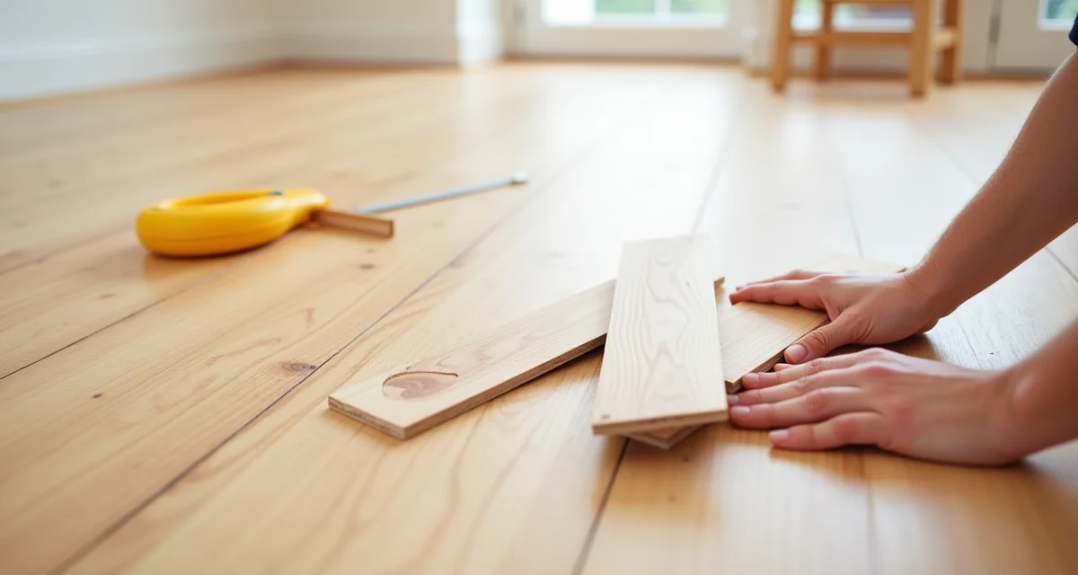 Pavimento in laminato con una tavola danneggiata sollevata e un nuovo tassello pronto per la riparazione