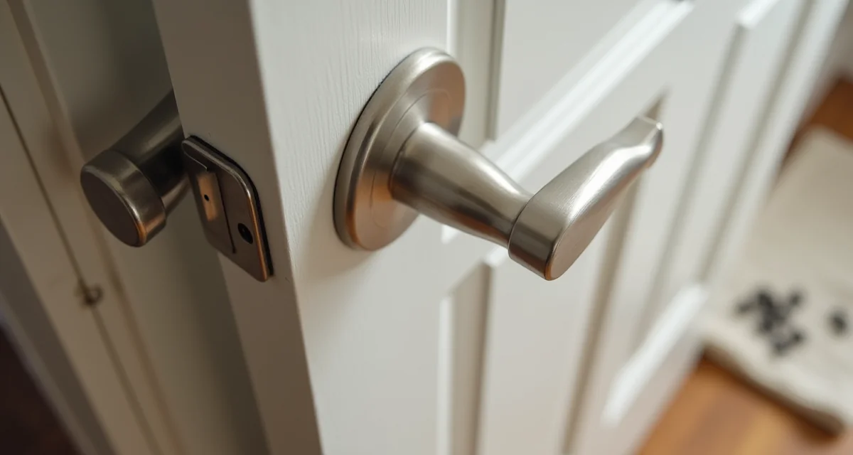 Maniglia in acciaio spazzolato su porta interna con vecchia maniglia e viti sul telo