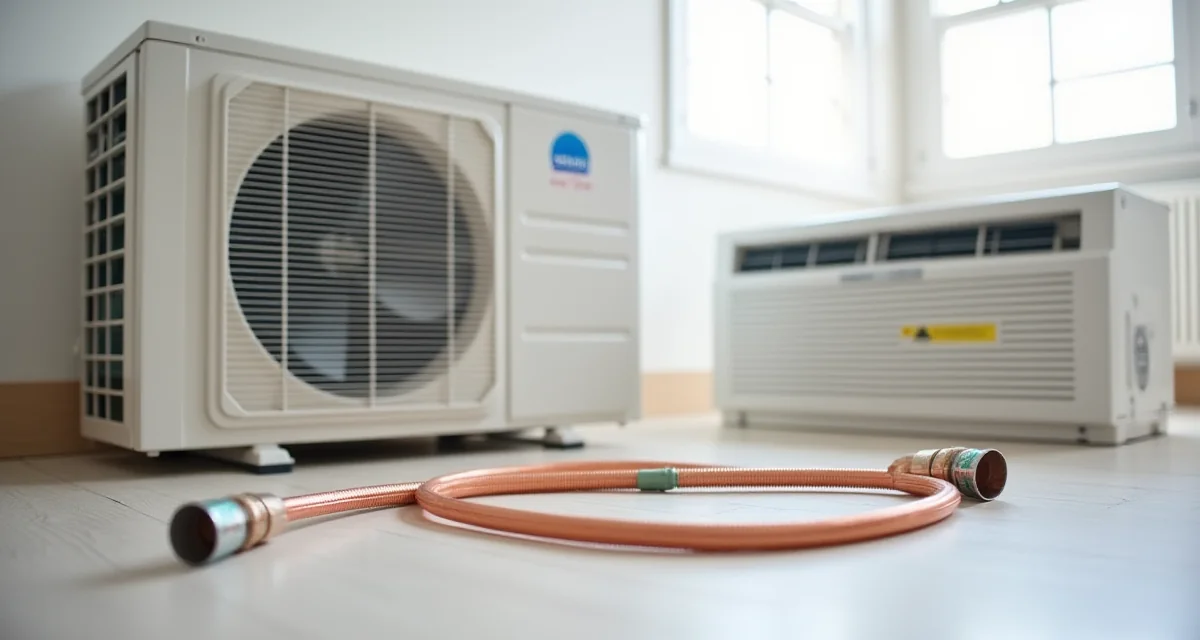Componenti per installazione climatizzatore split: unità interna, esterna, tubi in rame e tubo di scarico su pavimento luminoso