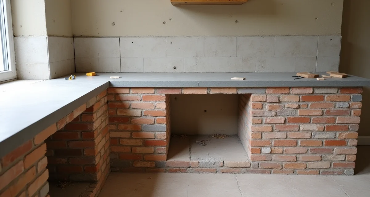 Cucina in muratura in fase di costruzione con basi in mattoni e piano in calcestruzzo