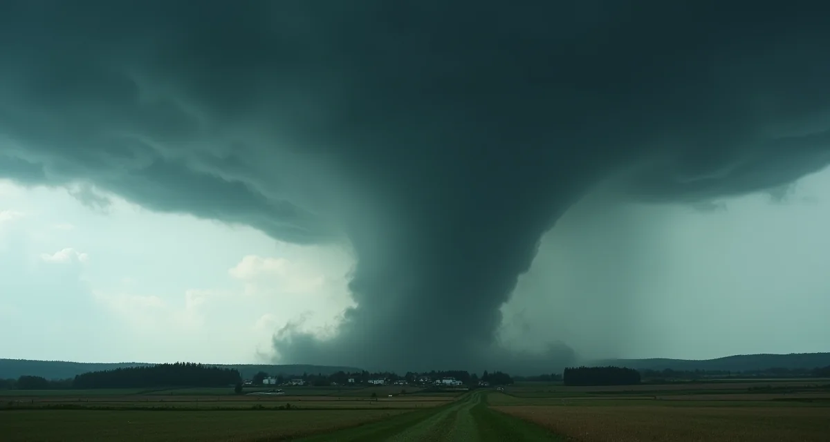 Tromba d'aria che si avvicina a un villaggio con cielo tempestoso e paesaggio piatto