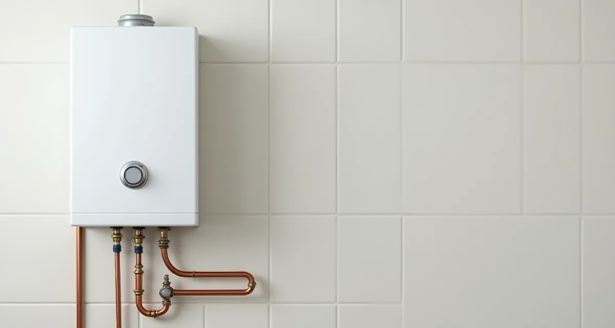 Boiler elettrico bianco montato su parete bagno con tubi rame e PVC su muro piastrellato