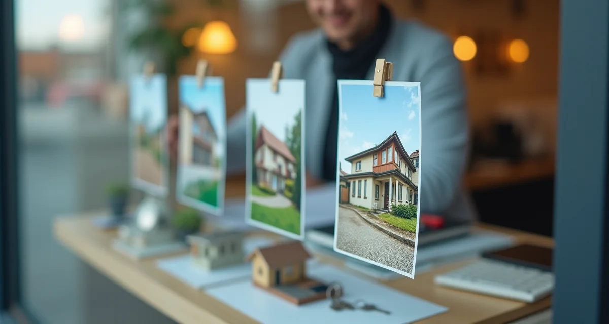 Chiavi e modello di casa su scrivania agenzia immobiliare con foto proprietà in vetrina