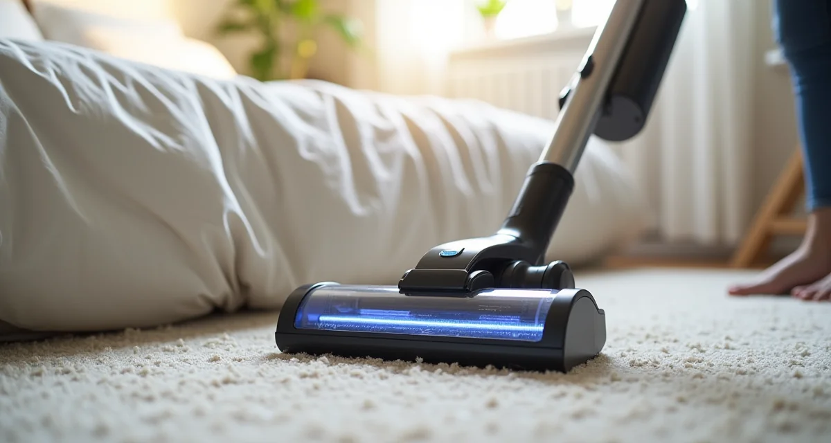 Aspirapolvere con filtro HEPA su tappeto accanto al letto per eliminare gli acari della polvere