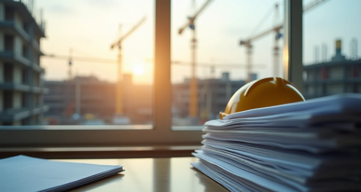 Cartelle di gara e casco su una scrivania con vista su un cantiere edile attrezzato