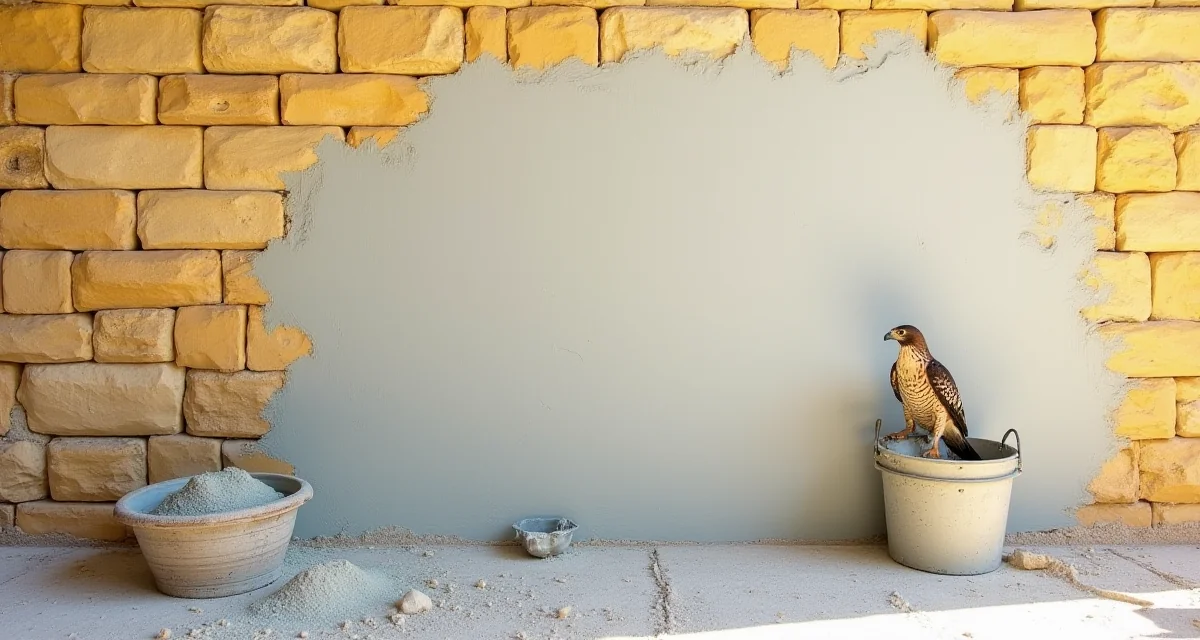 Muro esterno in tufo giallo parzialmente intonacato con malta di calce grigia e attrezzi da lavoro
