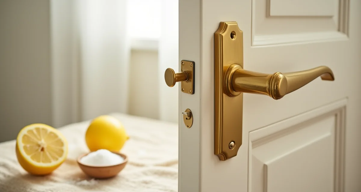 Maniglia in ottone lucido su porta bianca con limone e bicarbonato per la pulizia naturale