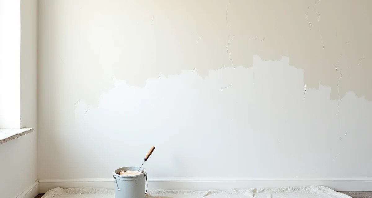 Muro interno con crepe e pittura scrostata parzialmente riparato con stucco bianco e vernice fresca su telo protettivo