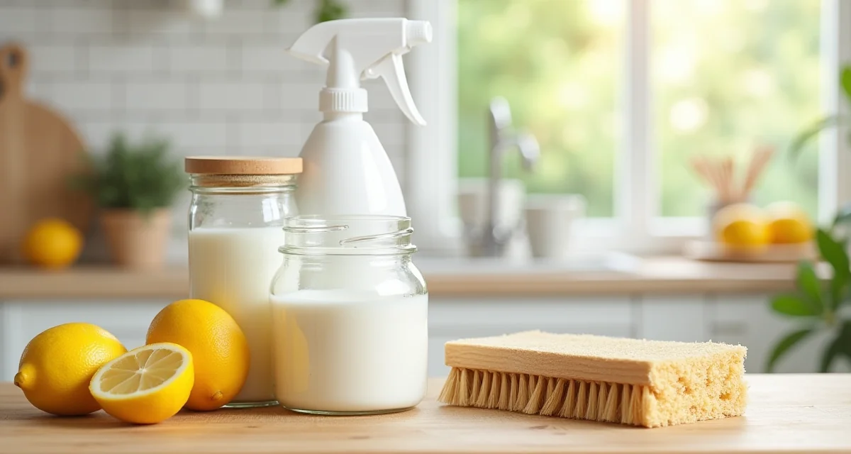 Vetro di bicarbonato, aceto bianco, limoni, spugna naturale e spazzola in legno su tavolo