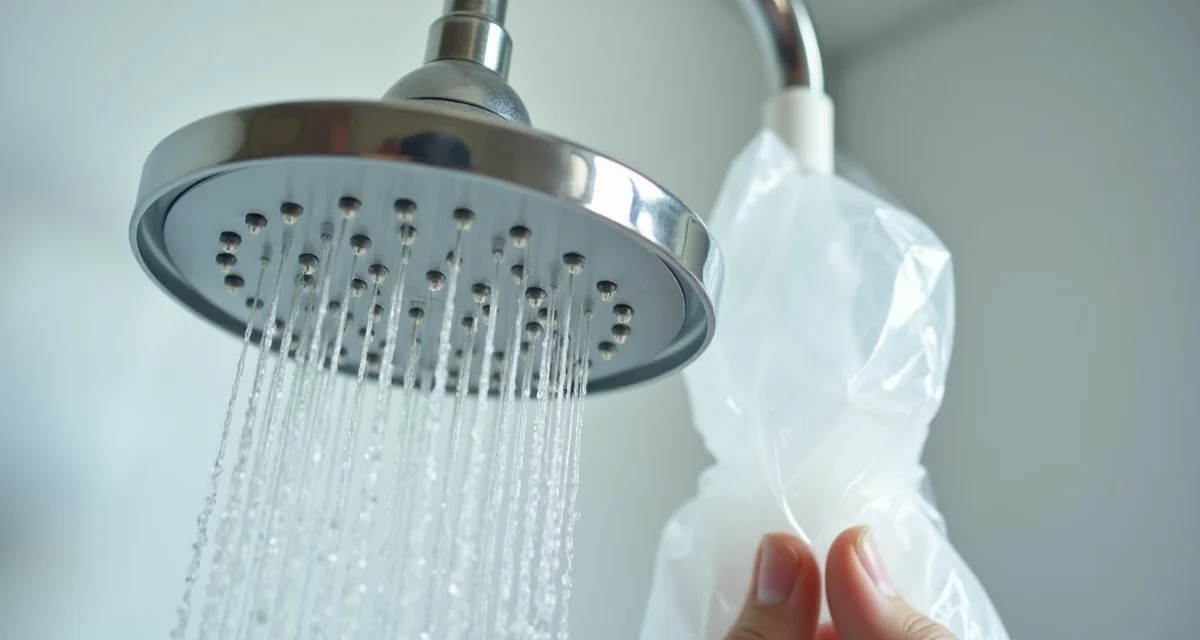 Soffione doccia cromato coperto di calcare con sacchetto di aceto bianco legato per la pulizia