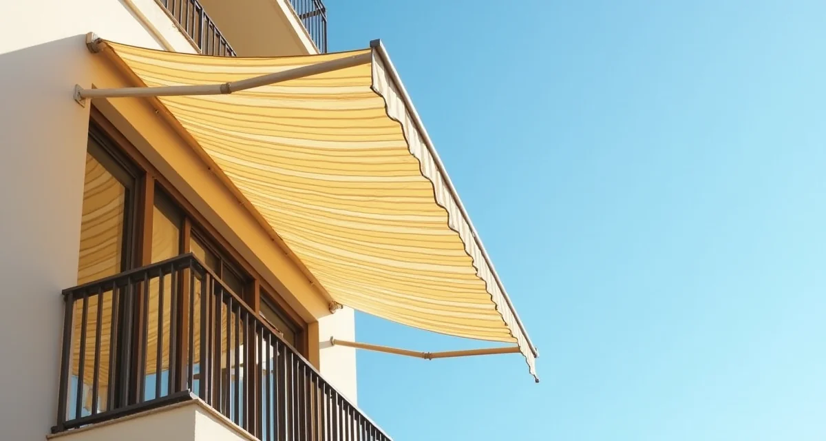 Tenda da sole a strisce estesa sul balcone di un edificio residenziale sotto il sole estivo