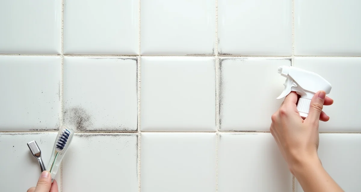 Tessere bianche con muffa nera nelle fughe, flacone spray e spazzolino accanto a una sezione già pulita