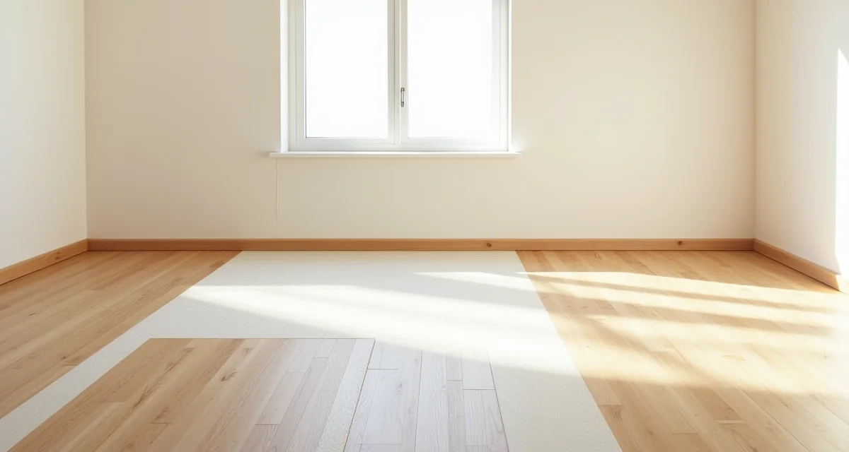 Parquet in rovere posato a metà con sottofondo in schiuma e assi impilate nella stanza luminosa