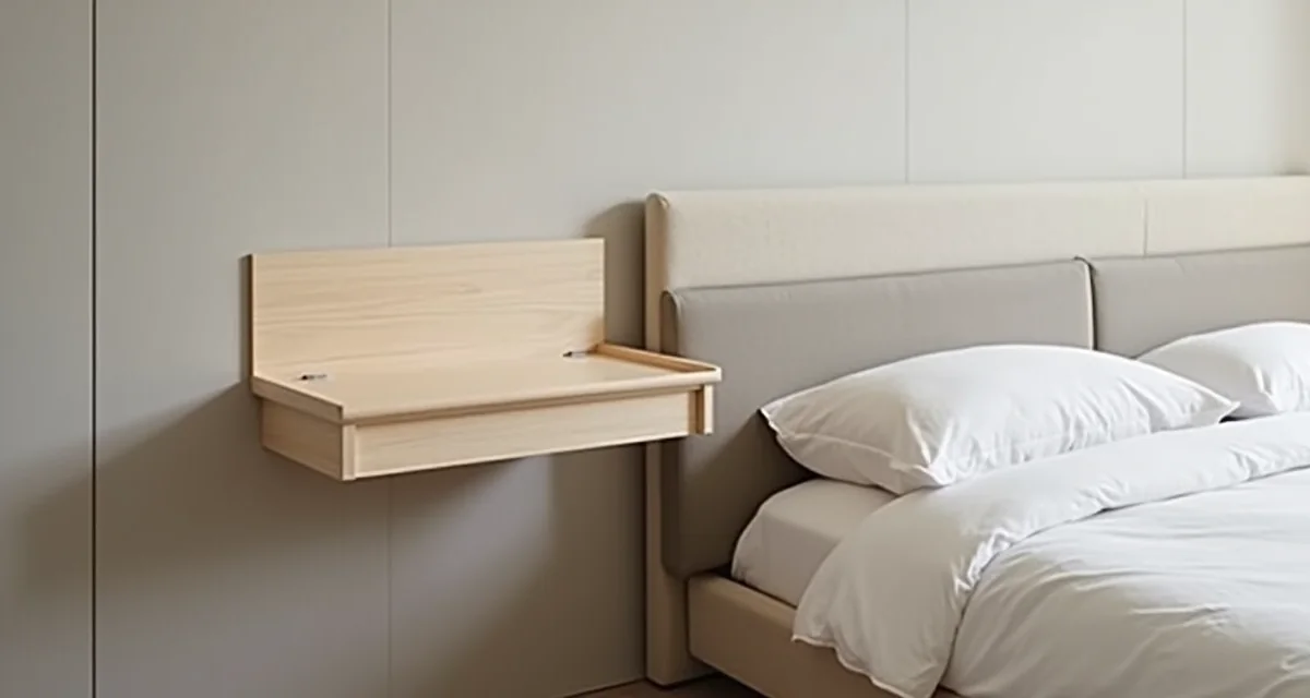 Comodino a scomparsa integrato nella testiera con mensola sospesa per camera da letto moderna e minimalista