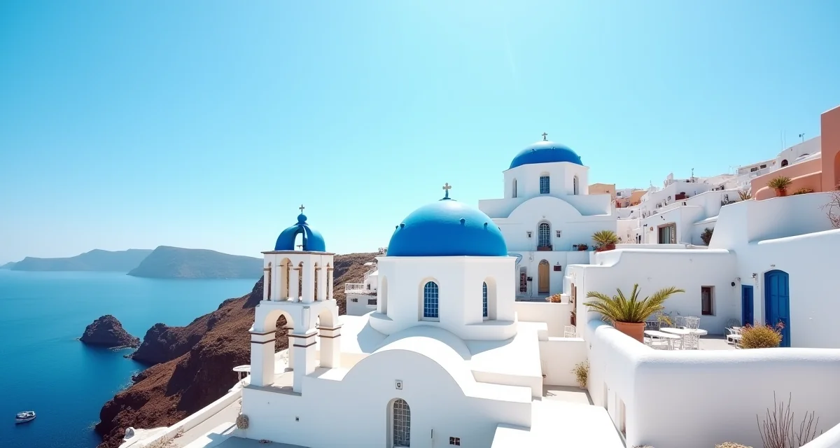 Case bianche con cupole blu su scogliere di Santorini affacciate sul Mar Egeo sotto la luce mediterranea