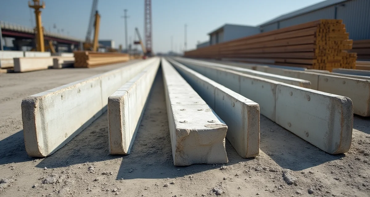 Travi in calcestruzzo armato precompresso con ancoraggi visibili accostate a travi ordinarie in cantiere di prefabbricazione