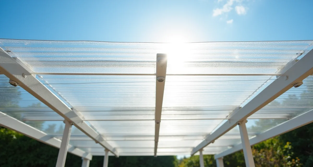 Lamiere ondulate in PVC trasparente installate su una pergola da giardino con luce che filtra sul patio