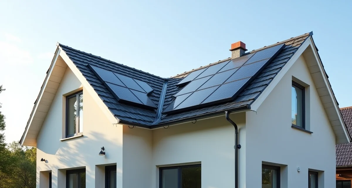 Tetto residenziale moderno con tegole solari nere integrate allineate alla linea di gronda