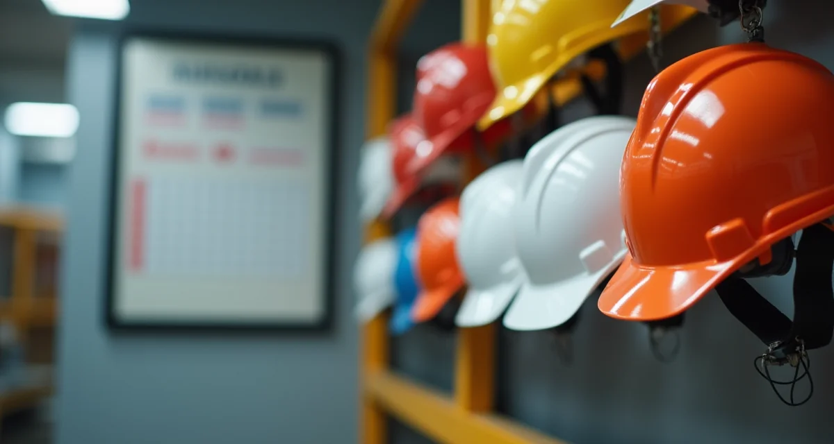 Caschi da cantiere appesi a un supporto con una bacheca degli orari sfocata sullo sfondo