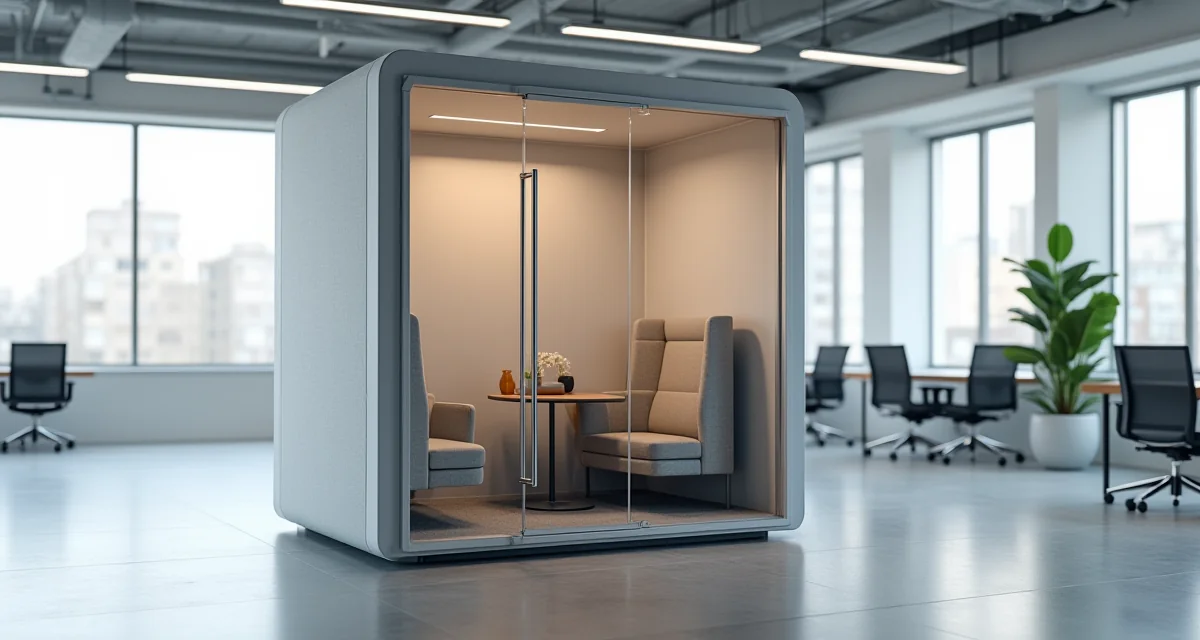 Pod acustico moderno con porta in vetro e interni imbottiti in un ufficio open space luminoso e spazioso