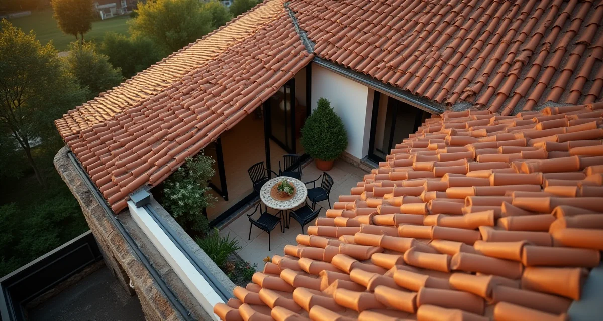 Terrazzo a pozzo in coperta con pavimentazione in laterizio e arredi esterni illuminati dal sole al tramonto