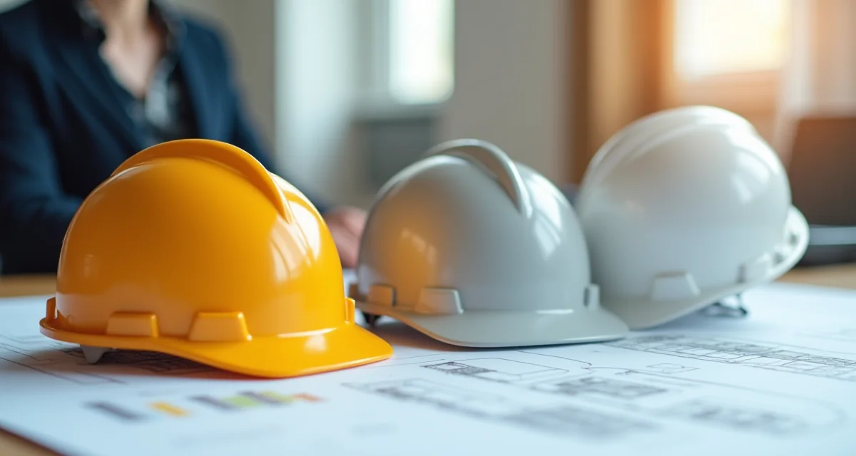 Tre caschi colorati su tavoli da cantiere con planimetrie edili per simboleggiare un'ATI tra imprese