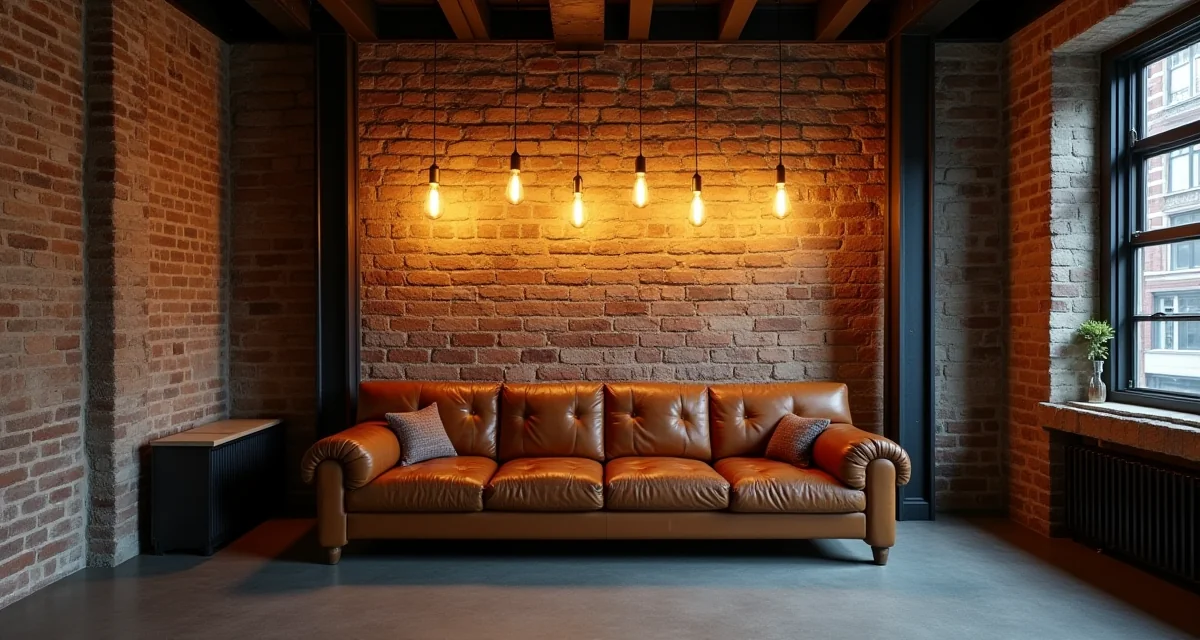 Interni in stile industriale con mattoni a vista, travi in acciaio e illuminazione calda