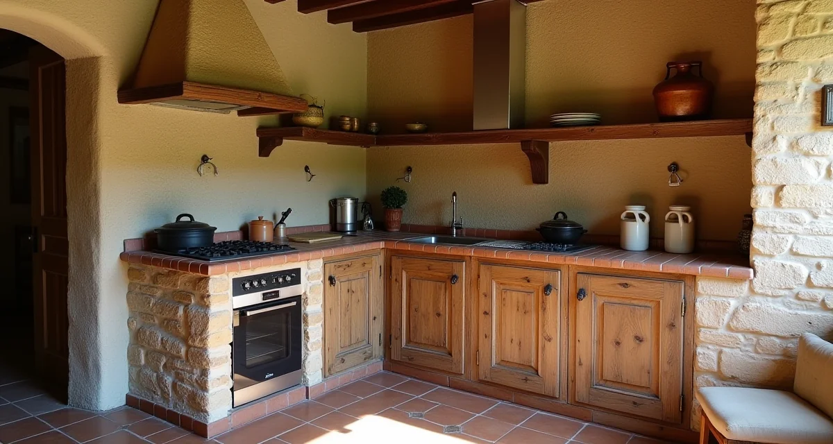Cucina in muratura d'angolo rustica con piano piastrellato, ante in legno e forno integrato