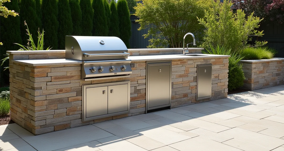 Cucina esterna con piano in pietra, barbecue integrato e lavello su patio soleggiato