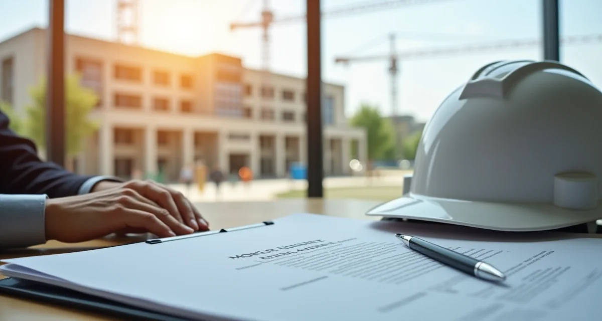 Cartella di documenti DGUE con penna e casco su scrivania vista edificio in costruzione