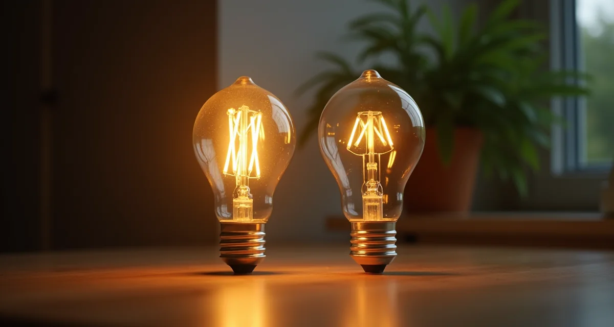 Confronto visivo tra una lampadina LED moderna e un bulbo incandescente su tavolo di legno per illustrare l'efficienza energetica