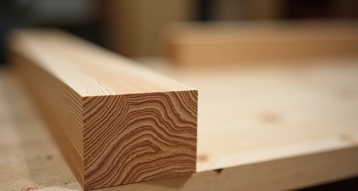 Dettaglio sezione trasversale di un trave in legno lamellare accostato a un pannello di listelli laterali su banco da lavoro