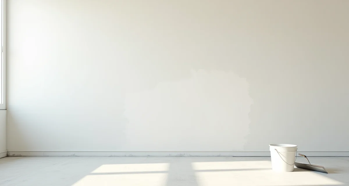 Muro parzialmente rasato con stucco bianco, cazzuola d'acciaio e secchio in cantiere illuminato
