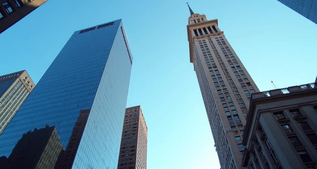 Vista dal basso di grattacieli in vetro e una torre storica a New York sotto un cielo azzurro