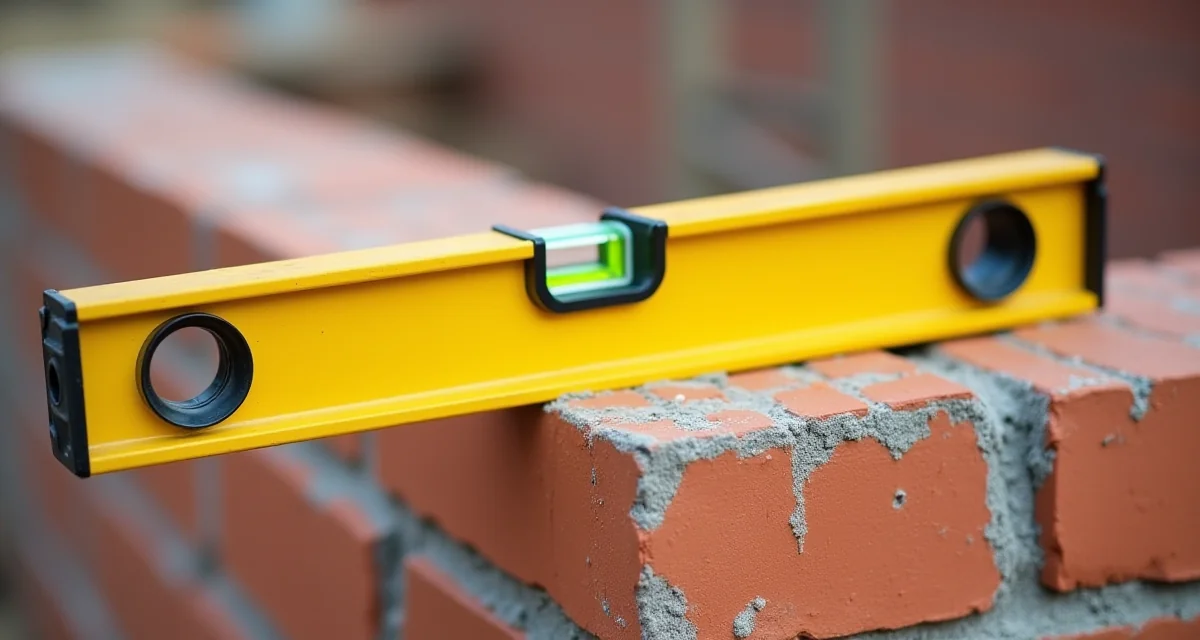 Livella a bolla in alluminio giallo appoggiata su un corso di mattoni appena posati per verificare le tolleranze di cantiere