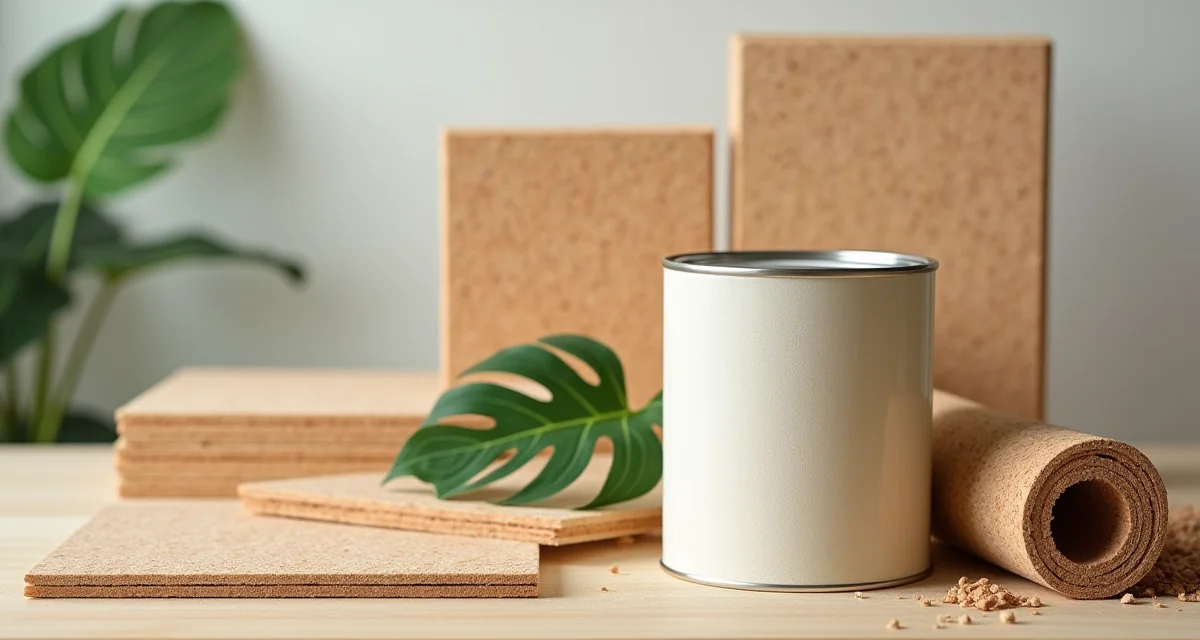Tavola con vernici ecologiche pannelli in sughero e assi di legno decorate da una foglia verde simbolo EcoLabel