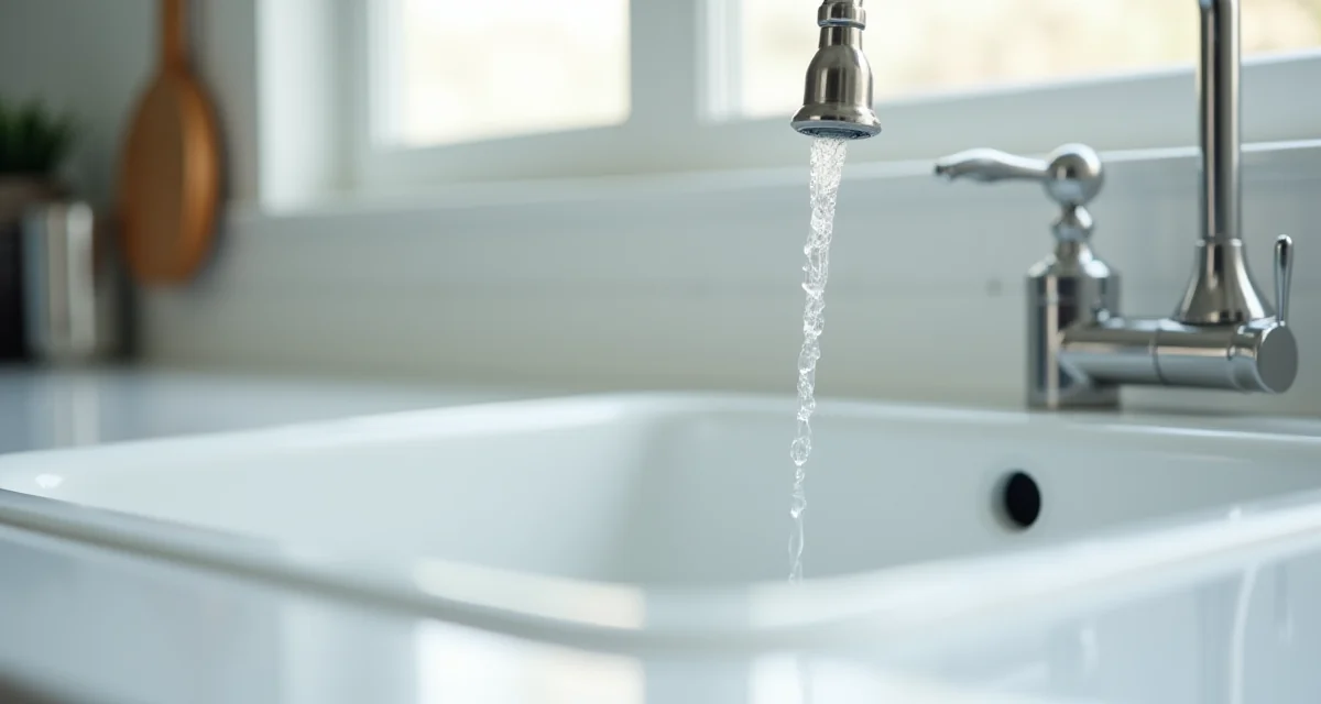 Rubinetto da cucina in cromo con un debole filo d'acqua che gocciola nel lavello bianco