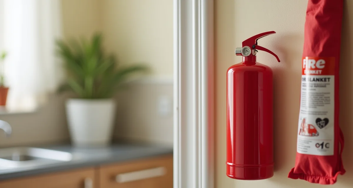 Estintore rosso in polvere montato su parete cucina accanto a coperta ignifuga per sicurezza domestica