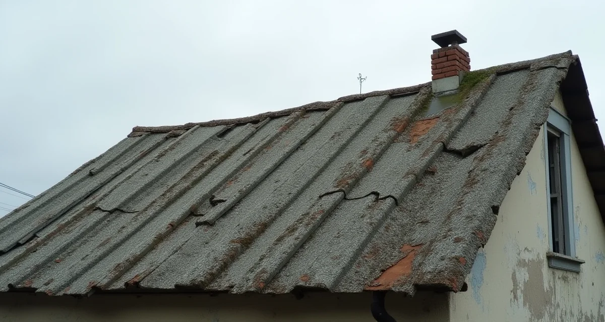 Lastici in cemento-amianto grigi su tetto abbandonato con muschi e crepe sotto cielo nuvoloso