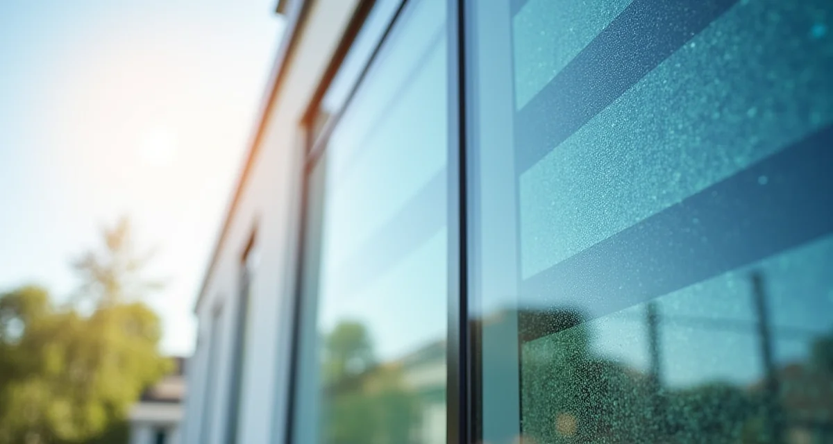 Vetrata fotovoltaica trasparente con celle solari integrate su facciata moderna per produzione di energia pulita