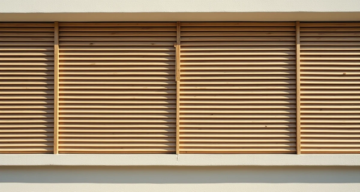 Facciata moderna con frangisole in legno orizzontali che proiettano ombre striate sotto il sole