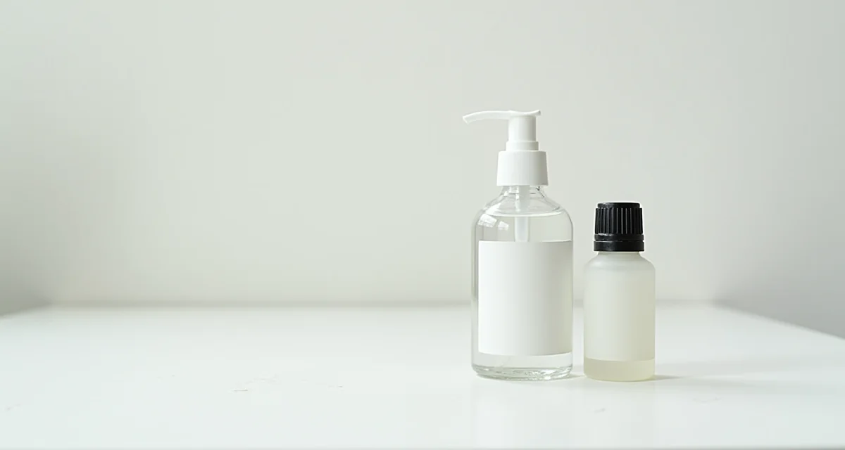 Borraccia di gel igienizzante per le mani fai da te accanto ad alcol e olio essenziale su tavolo bianco