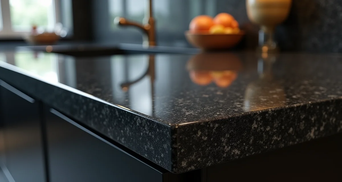 Piano cucina in granito nero assoluto lucido con superficie scura e venature sottili in ambiente moderno