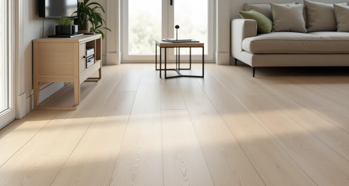Pavimento in gres effetto legno lappato con finitura lucida e riflessi morbidi in un ambiente luminoso