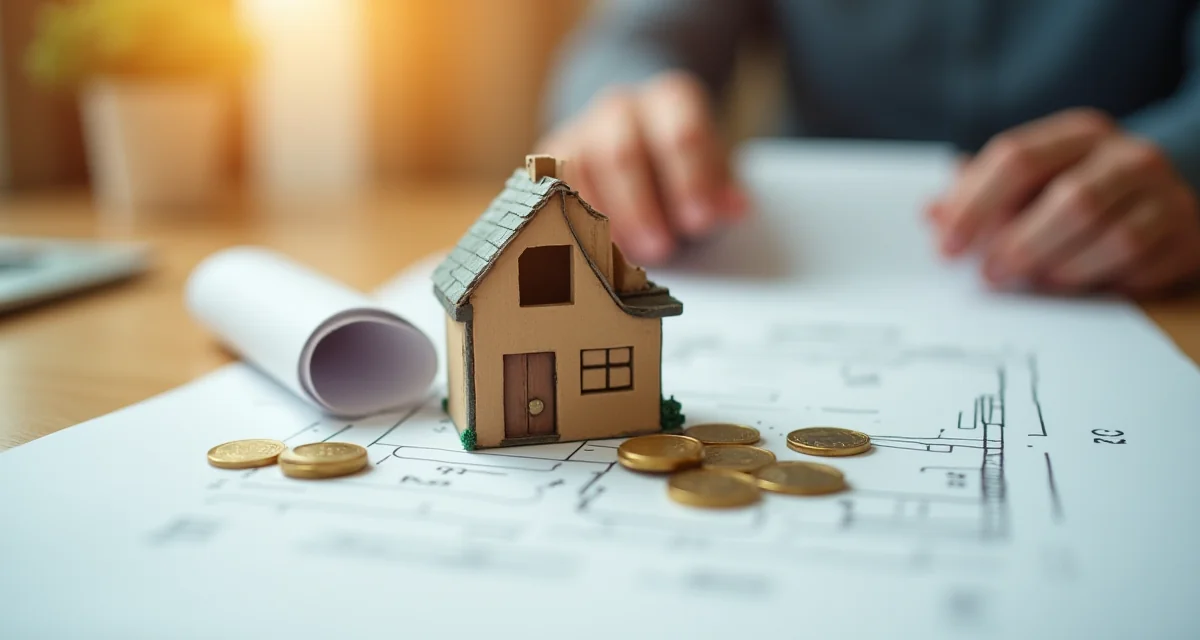 Modello architettonico di casa con tetto danneggiato su disegno e monete d'oro
