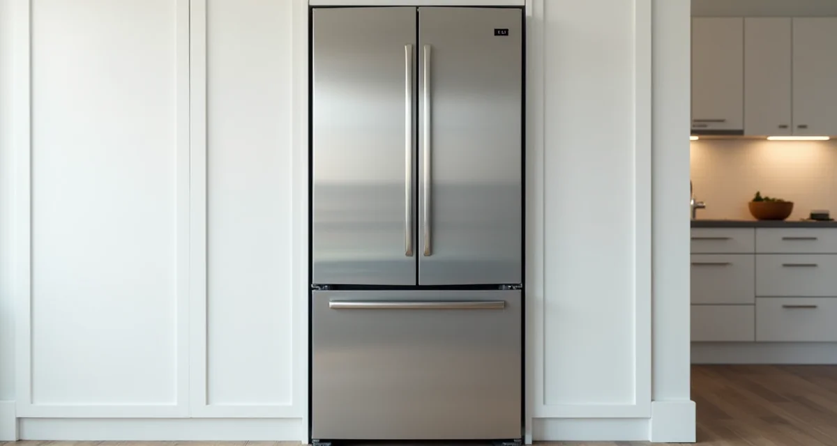 Frigorifero americano in acciaio inox con ante chiuse e design moderno in una cucina luminosa