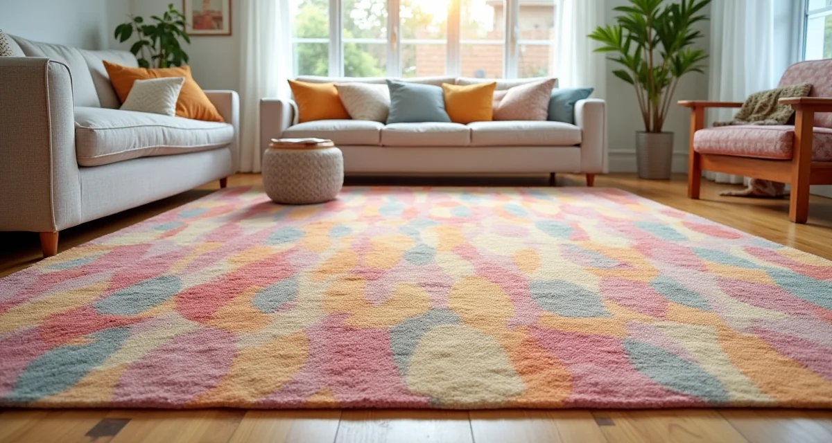 Tappeto colorato con motivo geometrico posato su pavimento in legno sotto divano e tavolino