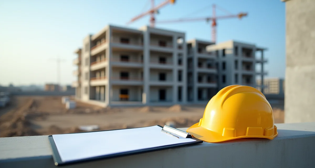 Cappello da cantiere e clipboard su un davanzale di cemento davanti a un edificio nuovo completato