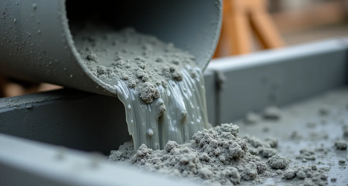 Calcestruzzo fresco grigio versato da un canale nella cassaforma per testare la lavorabilità dell'impasto