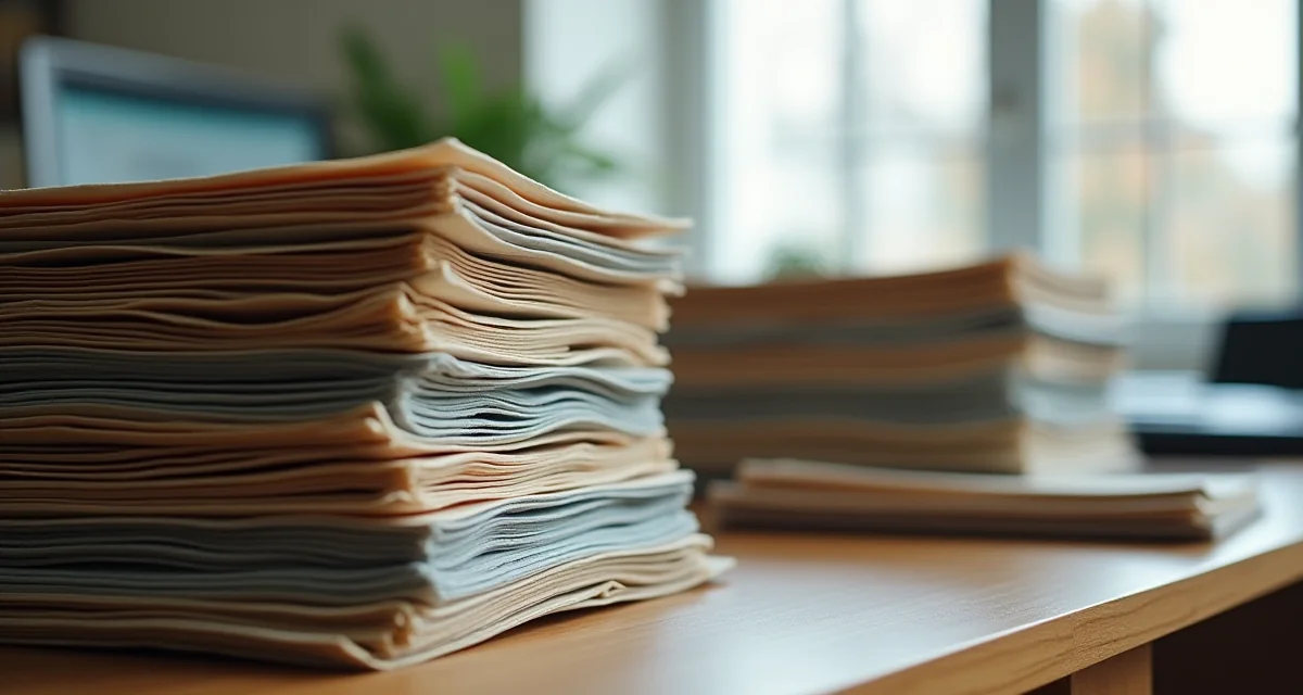 Pile di fascicoli archivistici su scrivania in legno con illuminazione naturale soffusa in ufficio amministrativo